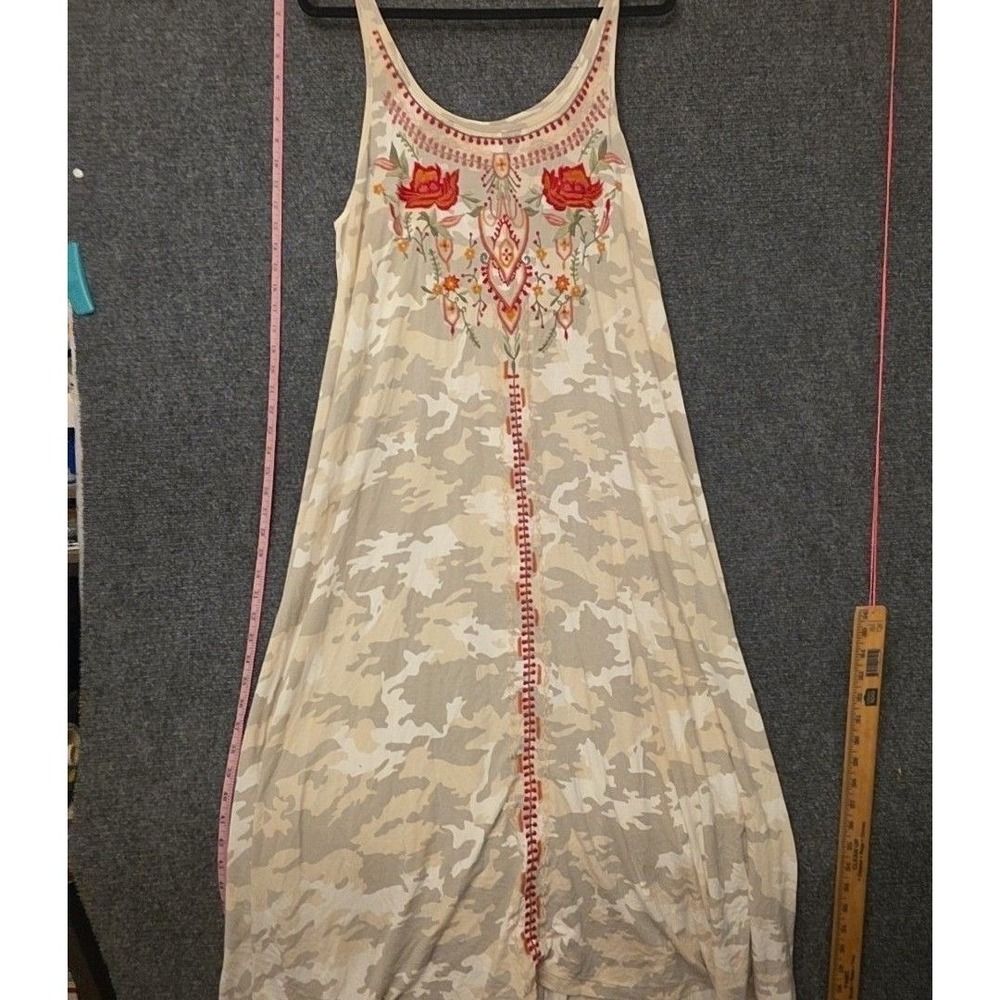 Caite Dress Womens 2XL Beige Camo Scoop Neck Maxi Tank Swing Embroidered Boho